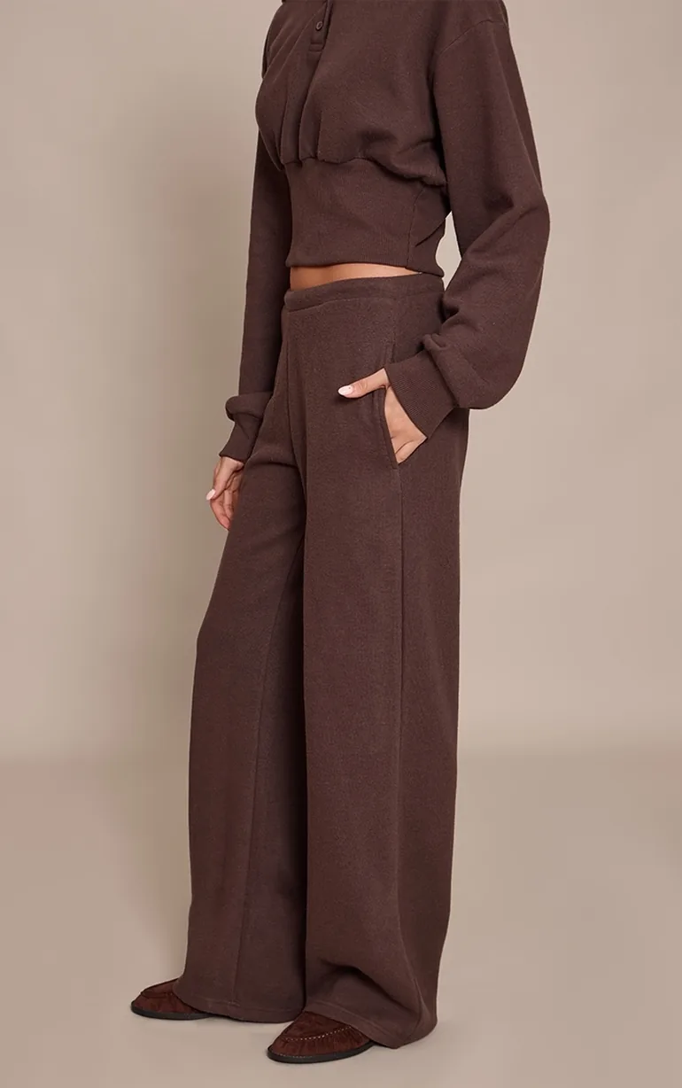 Chocolate Brushed Rib Elasticated Straight Leg Trousers - 1