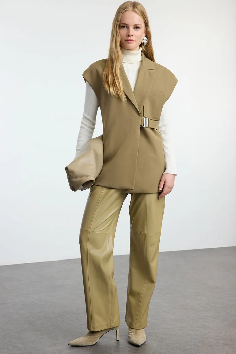 Khaki Double Breasted Closure Woven Fabric Vest with Buckle Accessories - 2
