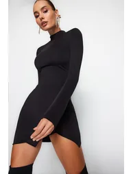 Black Fitted High Neck Knitted Short Elegant Evening Dress - 1