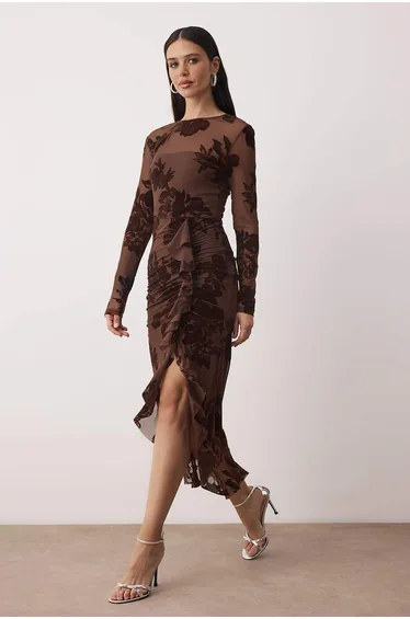 Brown flocked print tulle lined knit midi dress