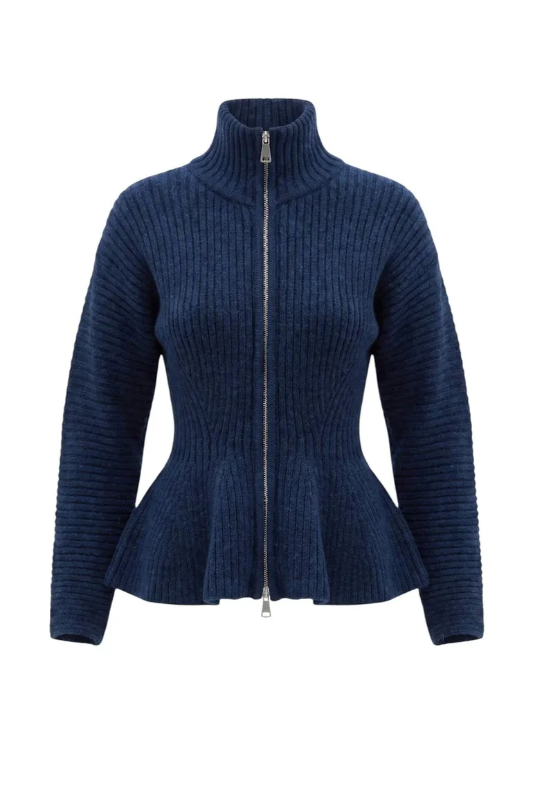 Wardrobe Essentials Navy Blue Soft Textured Peplum Detailed Turn-Down Collar Knitwear Cardigan - 4