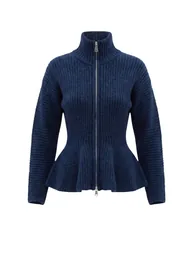 Wardrobe Essentials Navy Blue Soft Textured Peplum Detailed Turn-Down Collar Knitwear Cardigan - 4