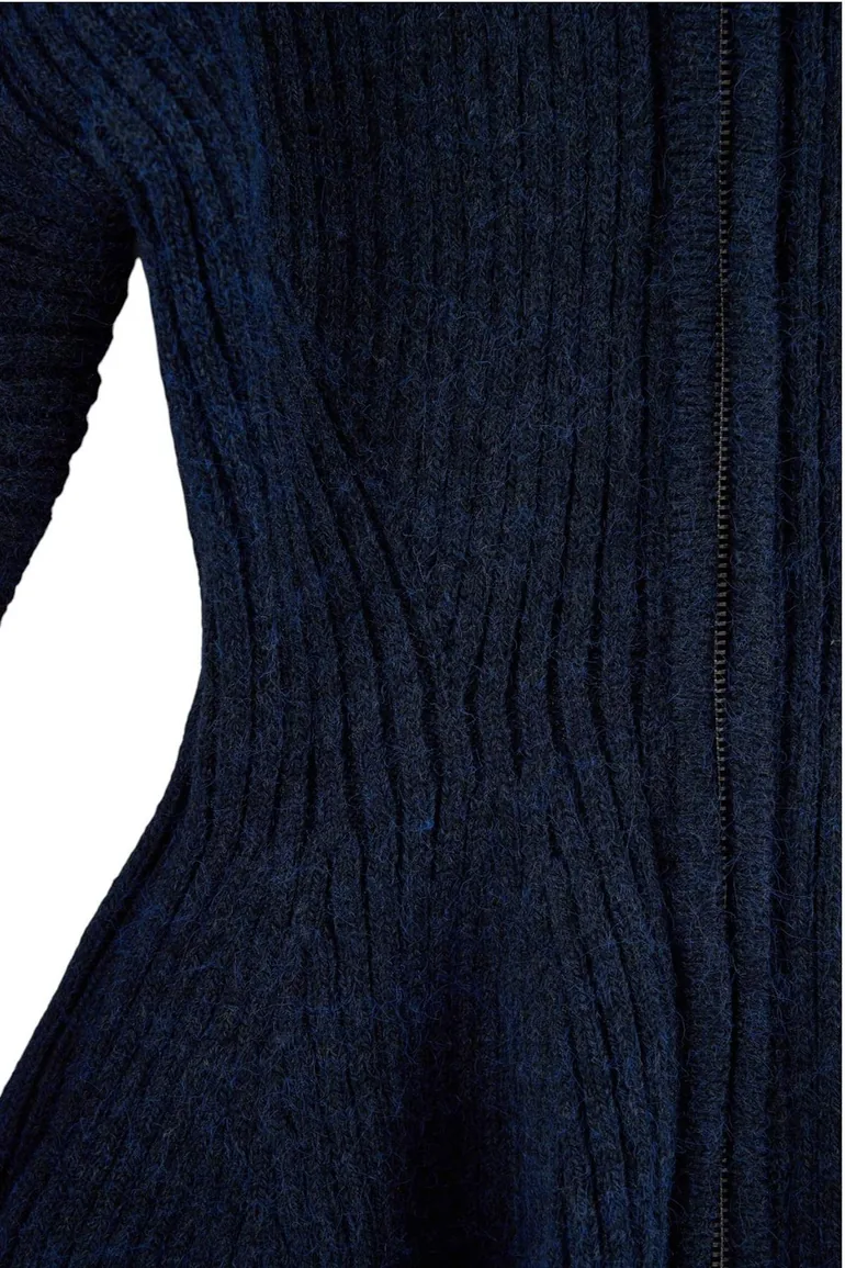 Wardrobe Essentials Navy Blue Soft Textured Peplum Detailed Turn-Down Collar Knitwear Cardigan - 5
