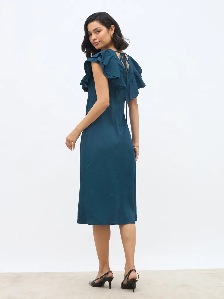 Solid Ruffled Detail V-Neck A-Line Midi Dress - 4