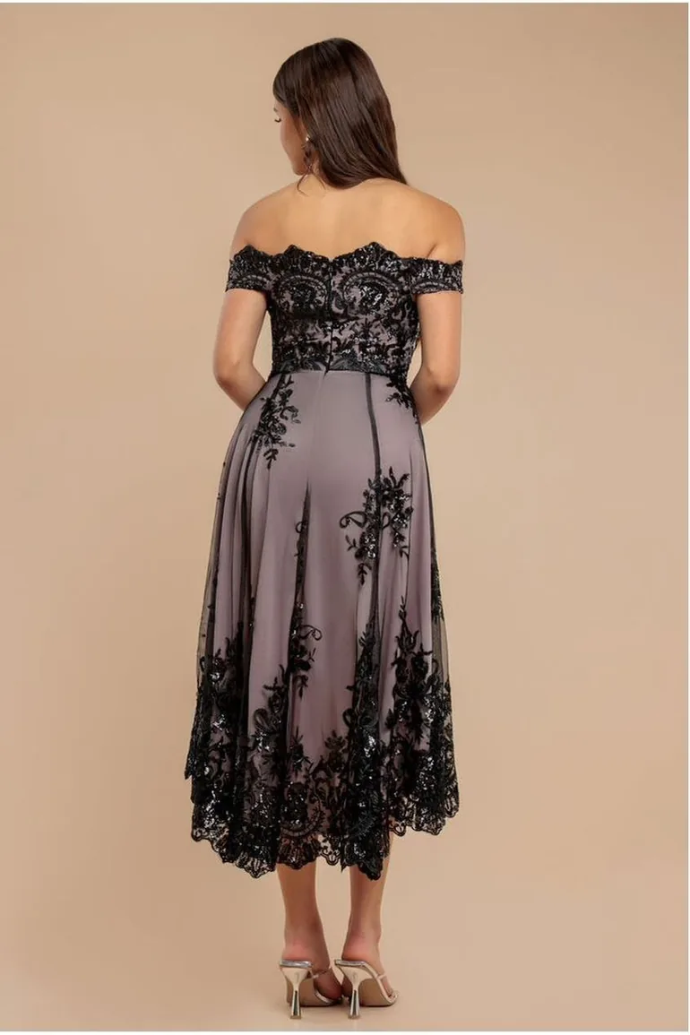 Goddiva Bardot Sequin & Lace High Low Midi - 1