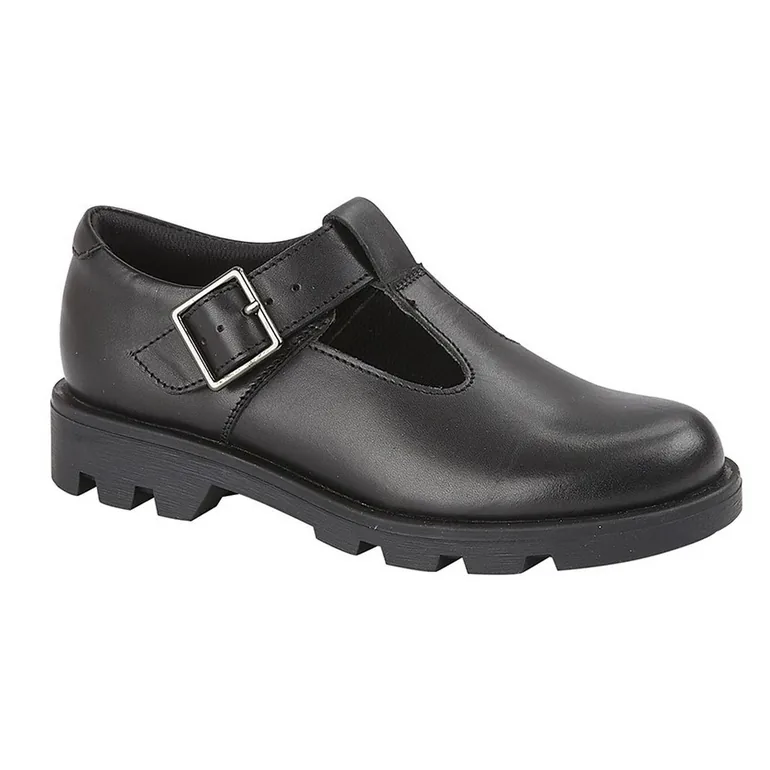 Roamers Girls Leather School Shoes - Black