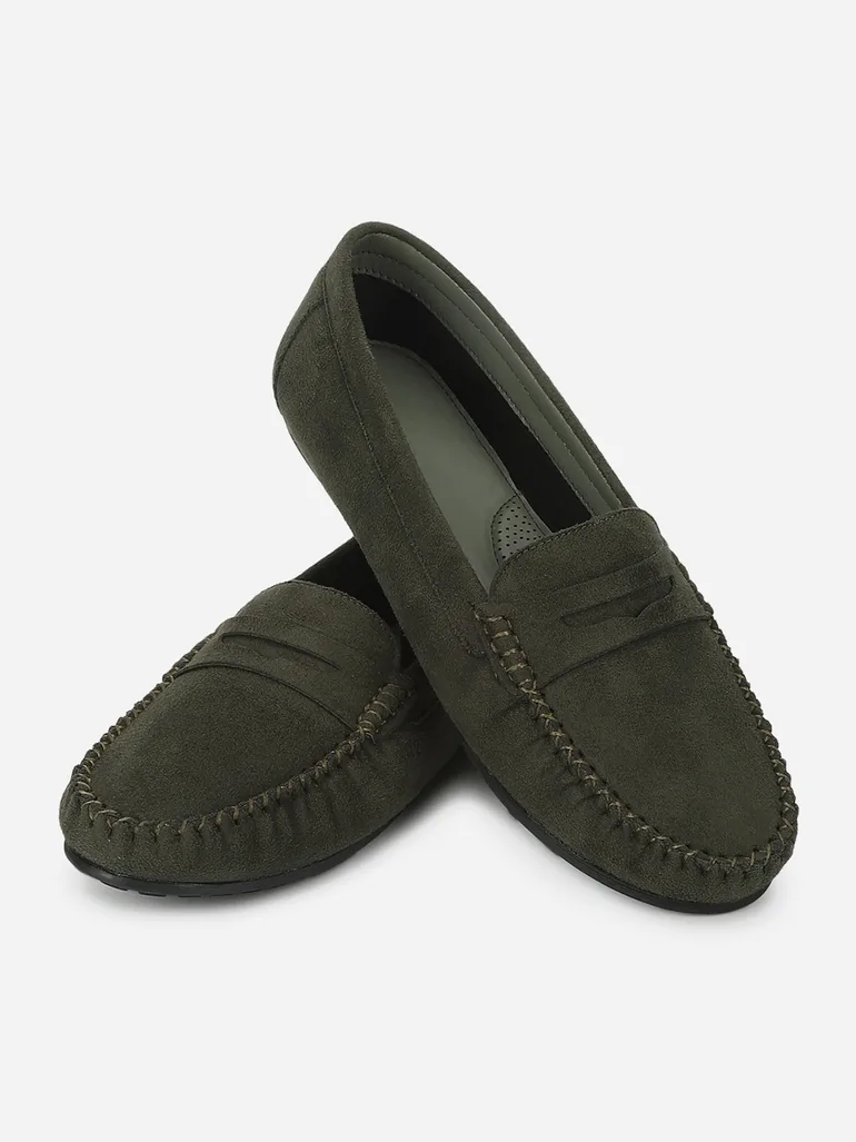 Dark Green Suede Look Loafers