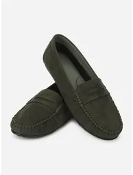 Dark Green Suede Look Loafers