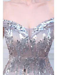 Off-Shoulder Sequin High Slit Gown in Silver - 6