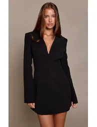 Black Structured Woven Long Sleeve Button Detail Mini Dress - 1