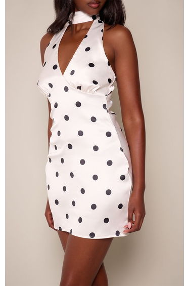 Cream Satin Polka Dot Scarf Detail Mini Dress product thumbnail 4