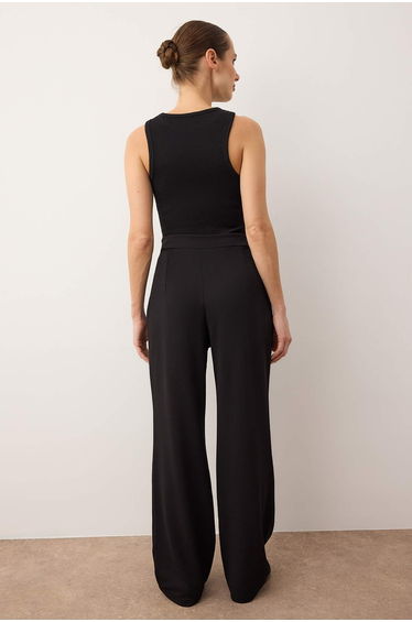 Black High Waist Pleated Wide Leg Knitted Pants with Velcro Belt product thumbnail 4