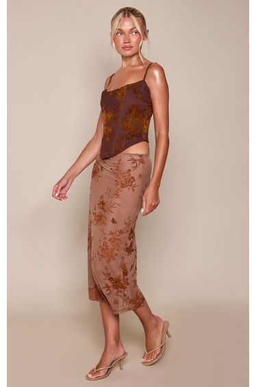 Chocolate Sheer Devore Floral Midi Skirt product thumbnail 3