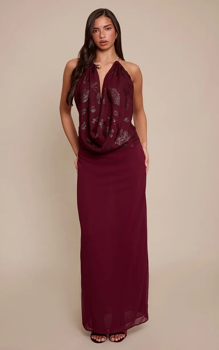 Wine Textured Cowl Trim Neck Maxi Dress