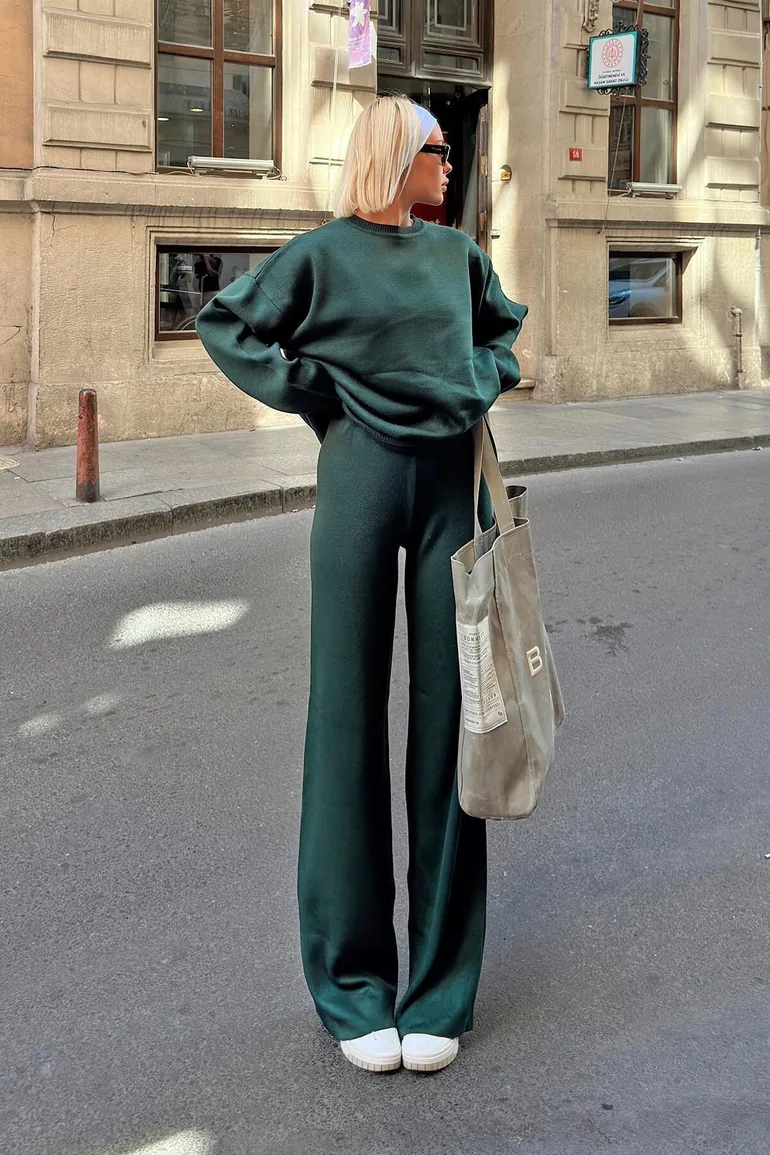 Green Crew Neck Oversize Sweater-Pants Knitted Women's Bottom-Top Set - 2