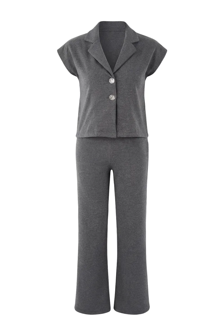 Anthracite Fitted Buttoned Pipe Leg Interlock Knitted Top and Bottom Set - 6