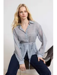 Blue Checkered Belted Transparent Shirt - 1