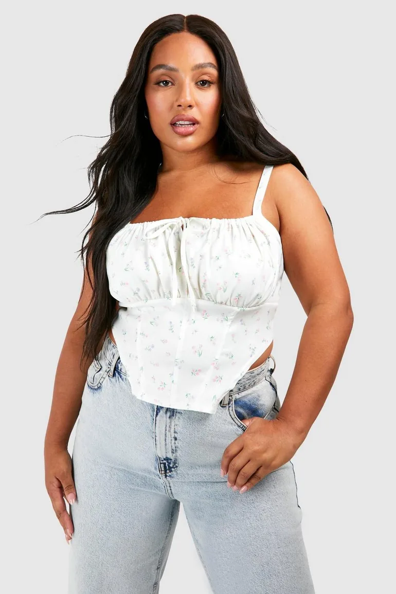 Plus Tie Front Ditsy Corset Top - lemon