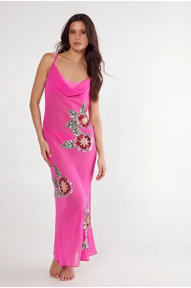 Floral Embellished Cowl Maxi Beach Dress