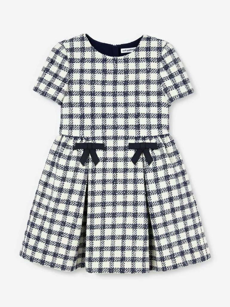 Self Portrait Girls Check Boucle Dress in Navy