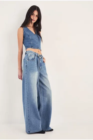 Ring Trim Detail V Neck Denim Top