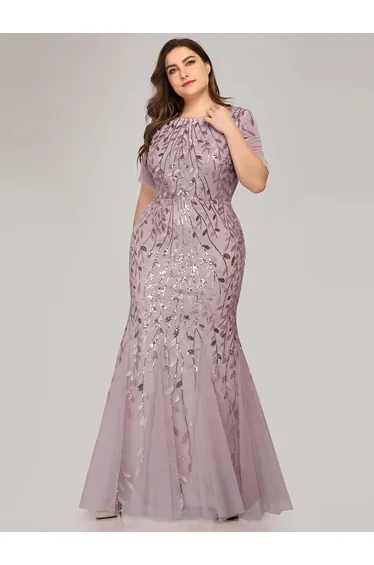 ever JADEN|Floral Sequin Maxi Fishtail Tulle Formal Evening Dress with Short Sleeve