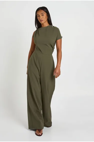 Petite Asymmetric Ruched Wide Leg Jumpsuit - khaki