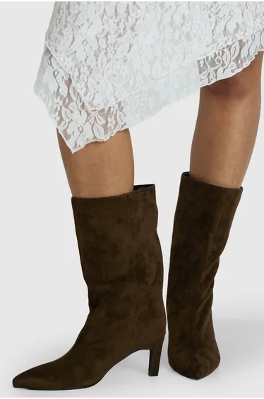 Faux Suede Calf High Mid Heel Stiletto Boots - khaki