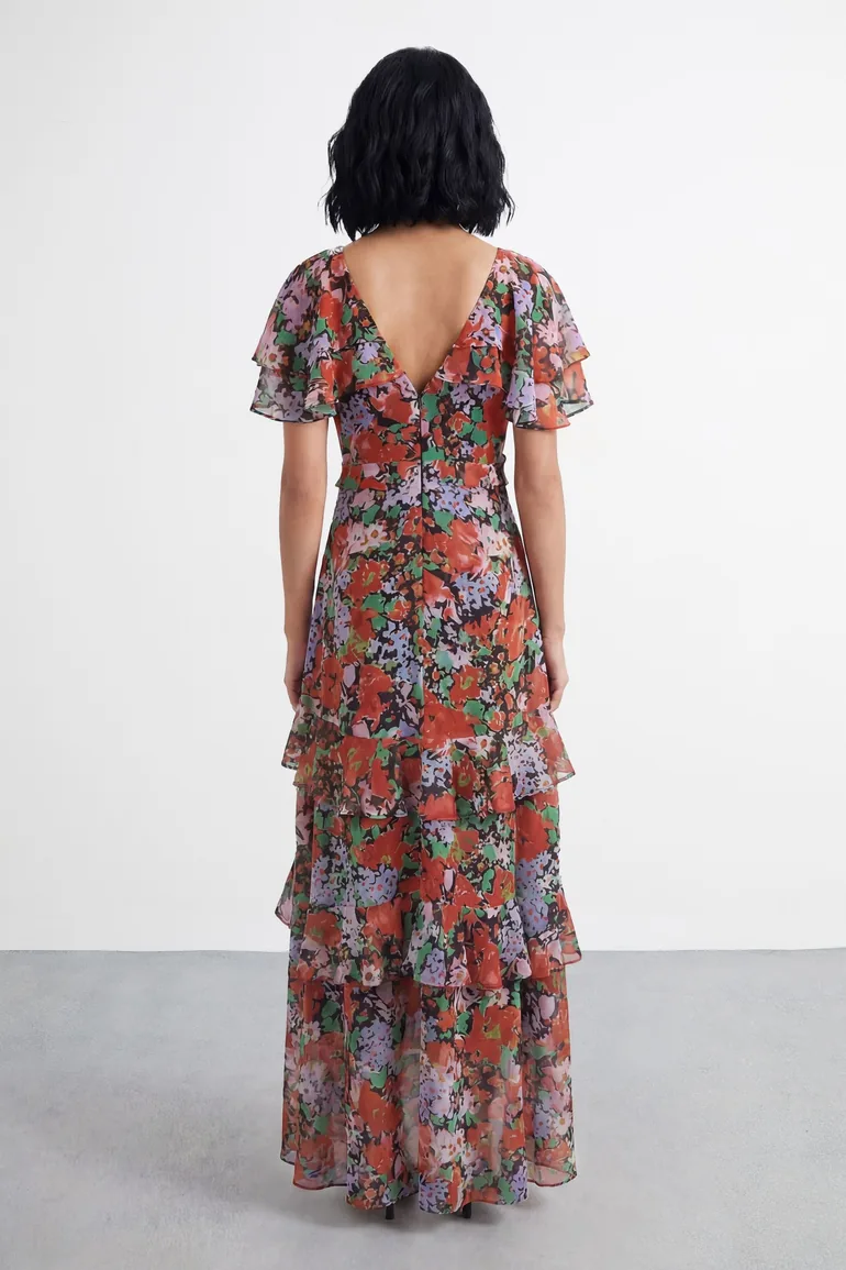 Petite Flutter Sleeve Floral Print Frill Detail Maxi Dress - 2