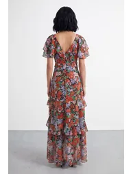 Petite Flutter Sleeve Floral Print Frill Detail Maxi Dress - 2