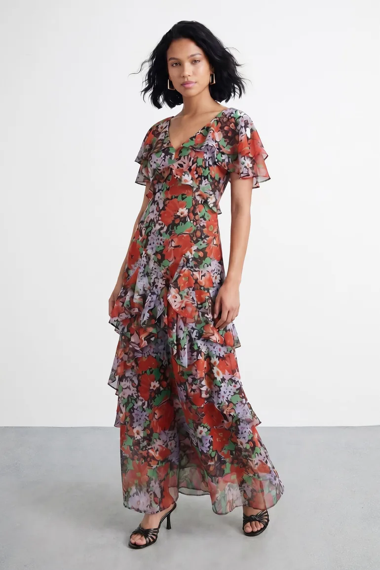 Petite Flutter Sleeve Floral Print Frill Detail Maxi Dress