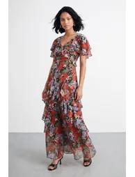 Petite Flutter Sleeve Floral Print Frill Detail Maxi Dress