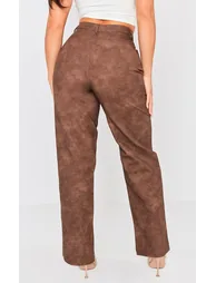 Chocolate Washed Faux Leather Dart Pocket Straight Leg Trousers - 2
