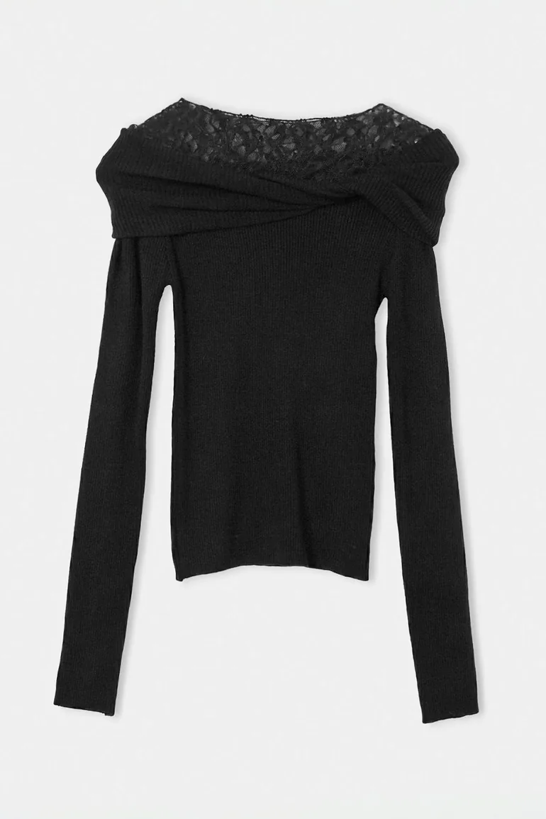Black Premium Special Yarn Lace Knitwear Sweater - 4
