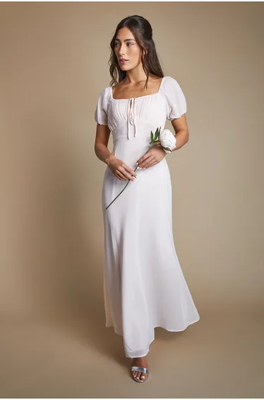 Rose Angel Sleeve Wrap Bodice Chiffon Bridesmaid Maxi Dress