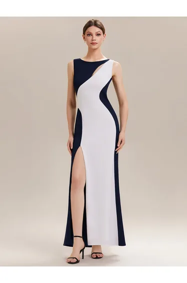 ever PEARL|Black Tie Stretch Colorblock Sleeveless Maxi Dress with High Slit