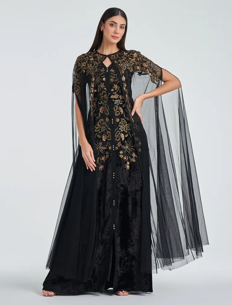 Black Velvet Dress with Chiffon Cape and Gold Hand Embroidery - 2