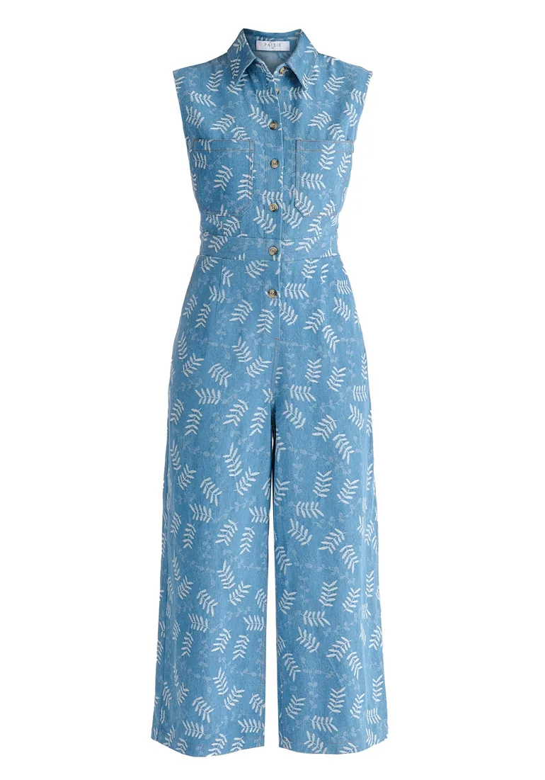 Wide Leg Denim Jumpsuits in Leaf Pattern - 3