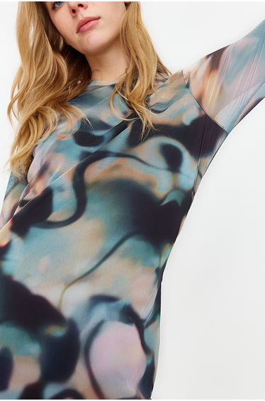 Blue Decollete Decollete Long Sleeve Printed Tulle Stretch Knitted Dress product thumbnail 3