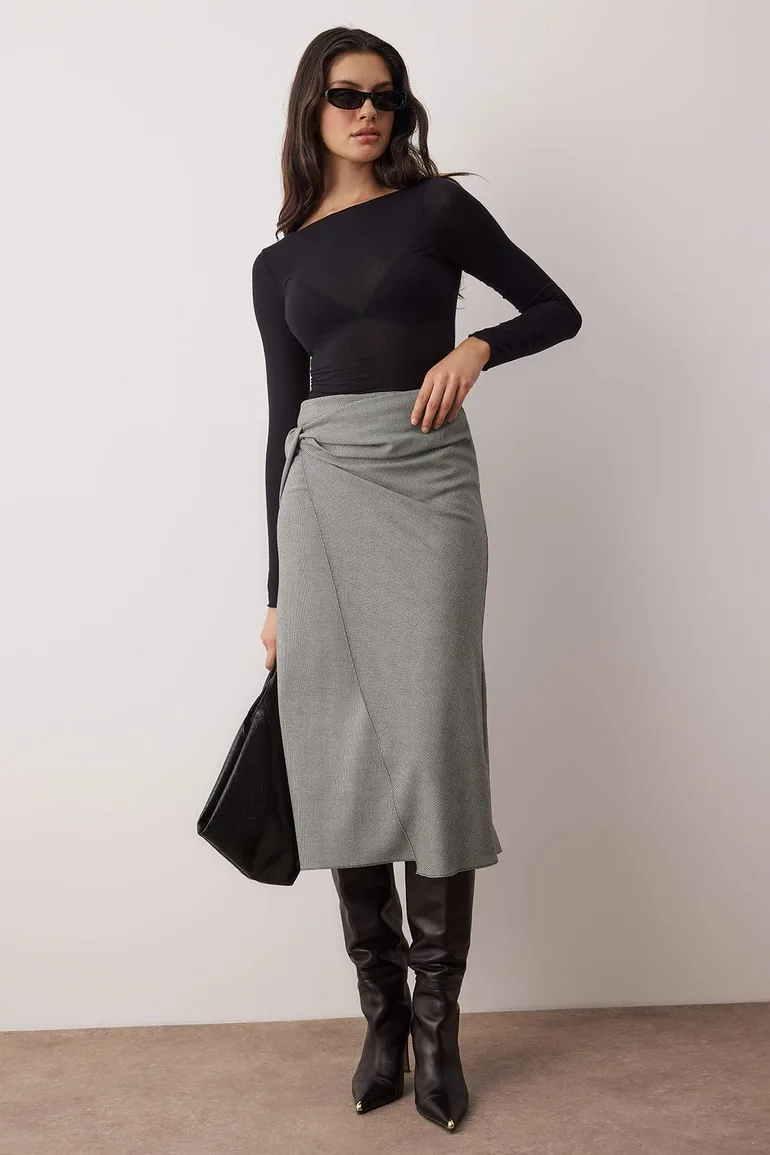 Black and white wrap detail midi woven skirt