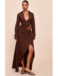 Dark Brown Linen Look Split Tie Skirt