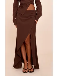 Dark Brown Linen Look Split Tie Skirt - 1