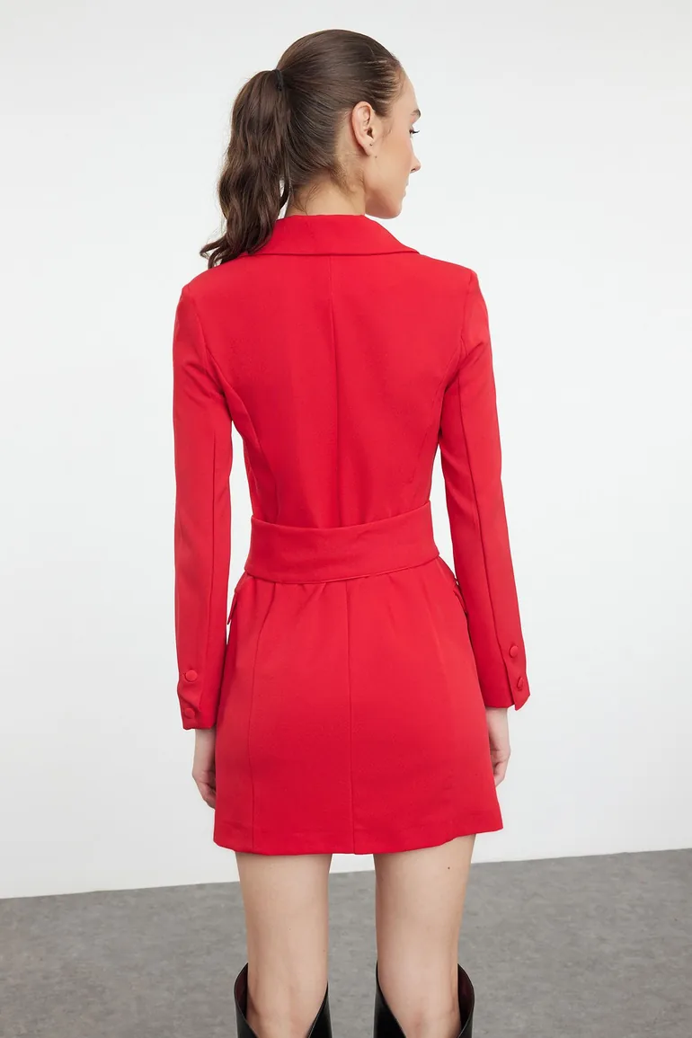 Red Bodycon Mini Blazer Dress with Long Sleeves - 2