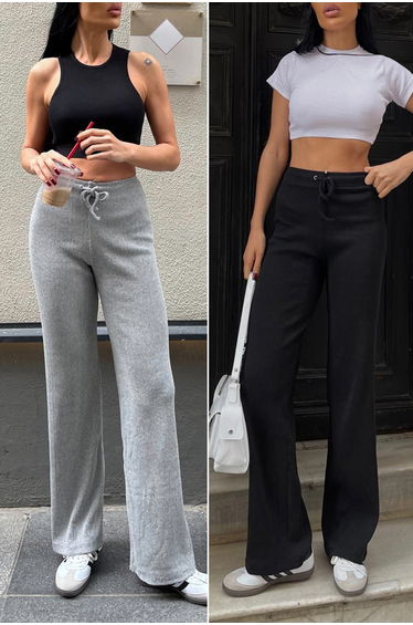 Black-grey flare/spanish leg high waist knitted tracksuit bottom