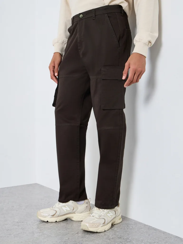 Men Coffee Brown Relaxed Fit Cargo Pants - 1