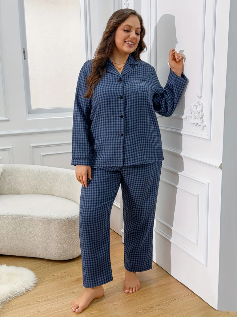 Plus Size Checked Long Sleeve Shirt and Pyjama Set