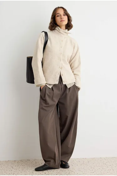 Beige Soft Textured Wide Fit Special Yarn Knitwear Cardigan