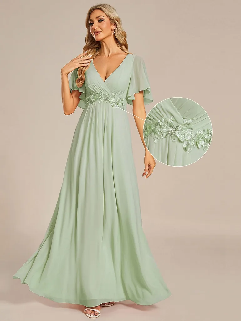 Short-Sleeve Ruffle Appliqué Deep V-Neck A-Line Floor-Length Evening Dress - 6