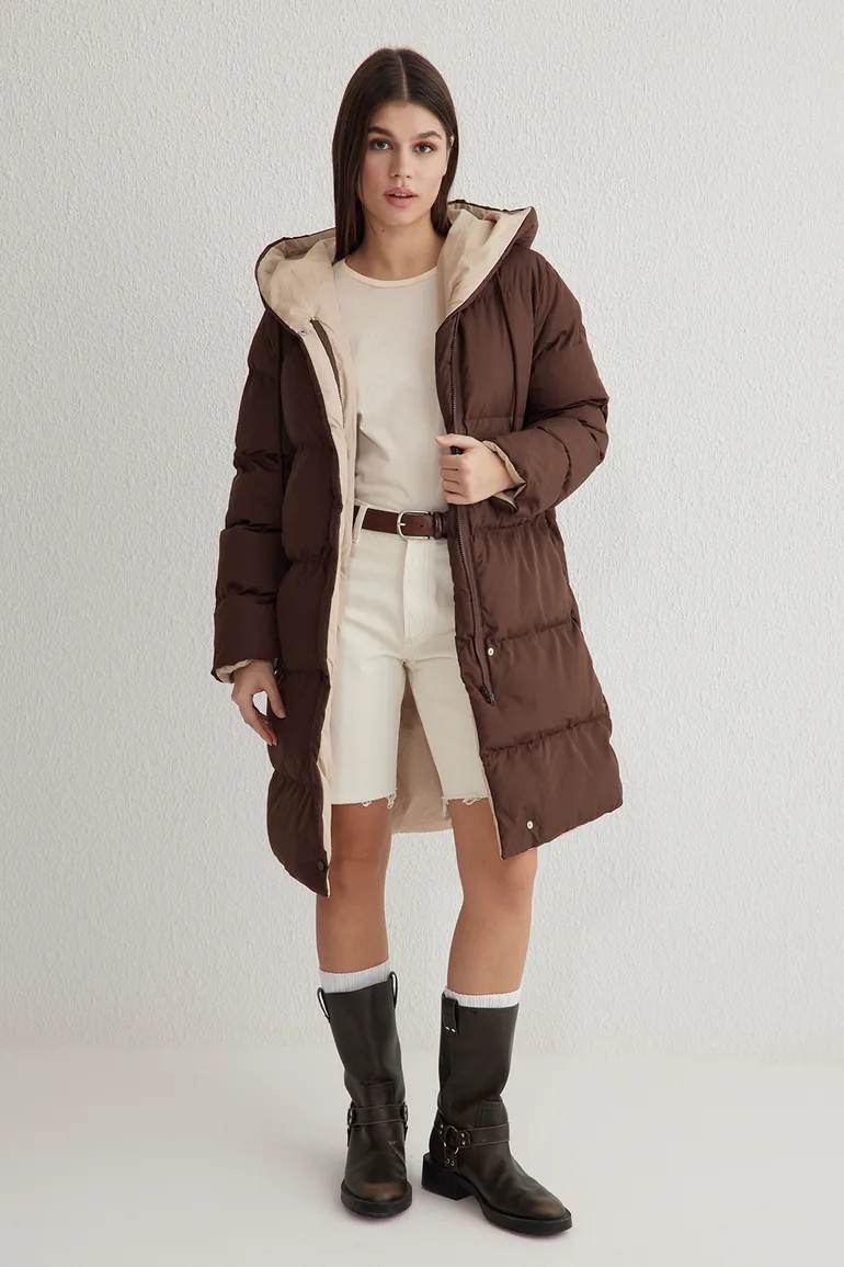 Dark Brown-Ecru Double-Sided Hooded Water Repellent Long Puffer Jacket - 7