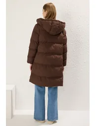 Dark Brown-Ecru Double-Sided Hooded Water Repellent Long Puffer Jacket - 6